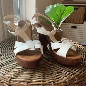 Platform Faux Wood Sole White Strap Heels